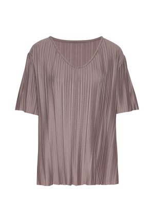 Mauve plooibare blouse met korte mouwen, een V-hals en een losse pasvorm, afgebeeld op een witte achtergrond.