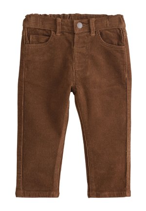 Hnedé manšestrové nohavice pre batoľatá s predným gombíkom, pútkami na opasok a dvoma prednými vreckami.