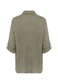 Olive green, short-sleeve shirt made of textured fabric, features a collar and rolled sleeves, with a straight back design.