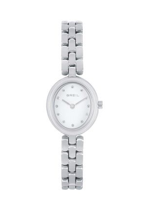 Ovalt sølvur med et poleret metalarmbånd, hvid urskive og 12 krystalmarkører, der viser mærkenavnet "BREIL."