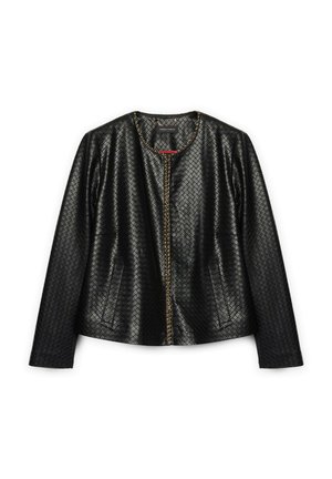 Schwarze Kunstlederjacke mit gestepptem Muster, runder Halslinie, langen Ärmeln, vorderen Taschen und goldenen Kettendetails entlang des Reißverschlusses.