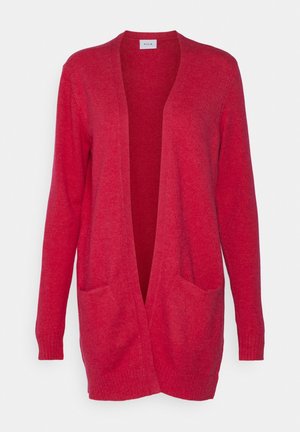 Cardigan rouge à manches longues avec ouverture devant, deux poches avant et poignets et ourlet côtelés, en tissu tricoté doux.
