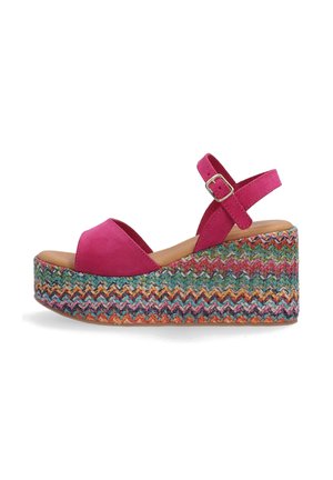 Roze suède wedge sandalen met een verstelbare band en een multicolore geweven touwzool met een zigzagpatroon.