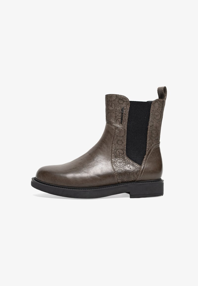 Brown leather Chelsea boot with black elastic side panels, embossed geometric pattern, and pull tab on black rubber sole.