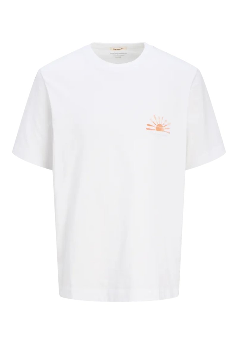 White cotton t-shirt with short sleeves, featuring a small orange sun graphic on the left chest. Standard crew neck design.