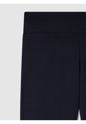 Leggings blu navy in tessuto morbido ed elastico; vita alta; senza cuciture visibili o fantasie; progettati per comfort e flessibilità.