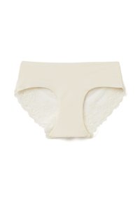 Boyshorts beige con bordo di pizzo, caratterizzati da un fronte liscio e un delicato dettaglio in pizzo sul retro, con una vestibilità di copertura moderata.