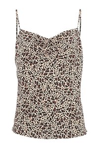 Top in tessuto leggero con base beige e motivo leopardato in nero e rosso. Spalline sottili regolabili e scollatura drappeggiata.
