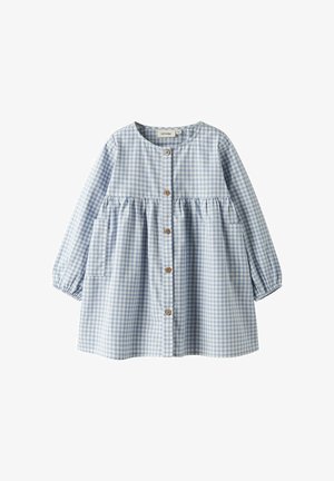 Gaiši zila un balta garroku rūtainu toddler kleita ar apaļu kakla izgriezumu, koka pogām priekšpusē, saplacinātu vidukli un sānu kabatām.
