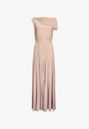 Abito lungo rosa a spalla unica con vita arricciata. Tessuto morbido e fluido con una leggera lucentezza e dettagli scollatura drappeggiata.