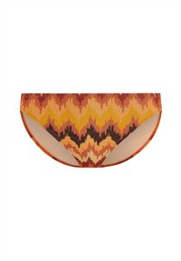 Gemusterter Bikini-Unterteil mit einem Zickzackdesign in den Farbtönen Orange, Gelb und Burgunderrot. Glattes Material mit einem moderaten Schnitt für Abdeckung.