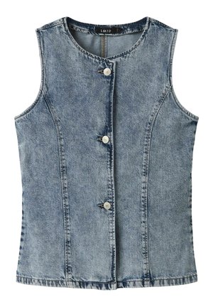 Gilet di jeans azzurro chiaro senza maniche con scollo rotondo e tre bottoni d'argento sulla parte anteriore, etichettato taglia media.