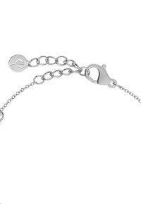 Silver chain bracelet with a lobster clasp and a small circular tag featuring a heart design. Links exhibit a smooth, shiny texture.