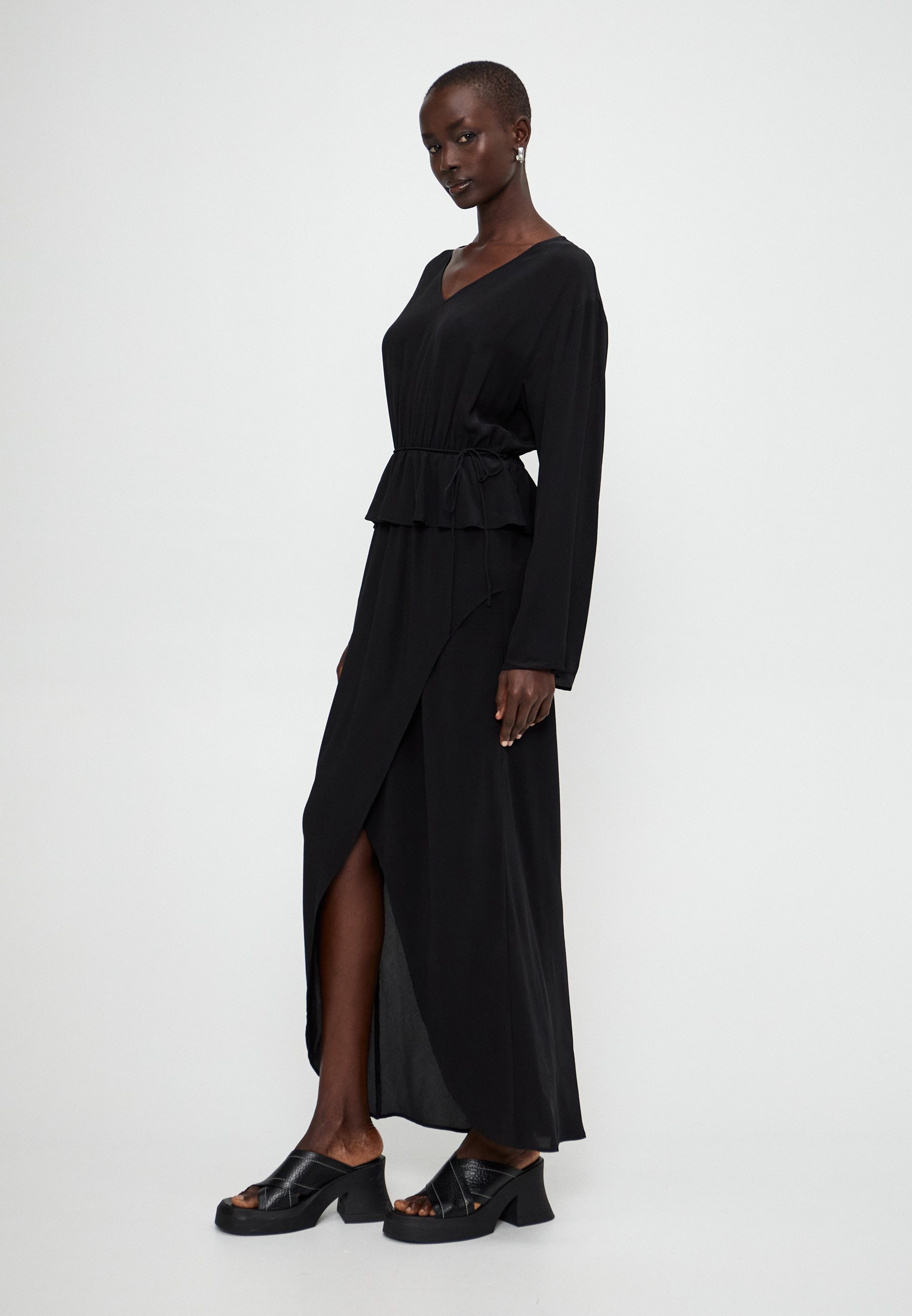 strapless open back dress Grey Peplum Knit Midi Dress  self-portrait-US