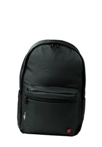 Black backpack with front zipper pocket, two top zippers, side pockets, and a small red and black logo on the lower front corner.