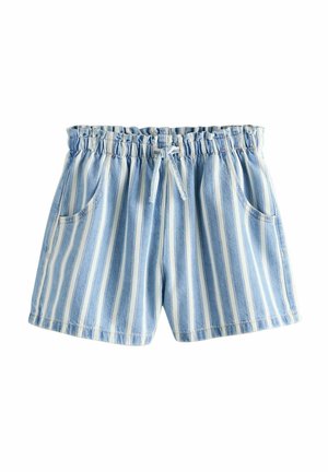 Blue and white vertical striped shorts with elastic waistband, drawstring tie, and two front pockets on a white background.