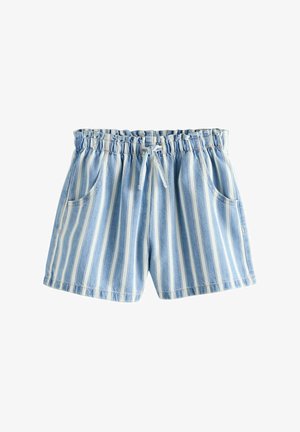 Pantalones cortos de rayas verticales azules y blancas con cintura elástica, cordón ajustable y dos bolsillos delanteros sobre un fondo blanco.