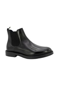 Stivale Chelsea in pelle nera con pannelli elastici laterali, punta arrotondata e finitura liscia. Presenta un tacco basso a blocco e una pratica linguetta per il riposo.