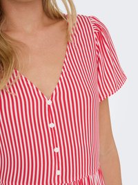 Gros plan d'une robe rayée verticalement rouge et blanche avec des manches courtes et des boutons blancs le long d'un profond décolleté en V.