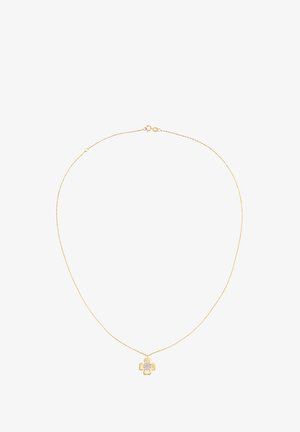 Gouden ketting met een klavervormige hanger versierd met een centrale edelsteen. De ketting is delicaat met een soepele textuur.