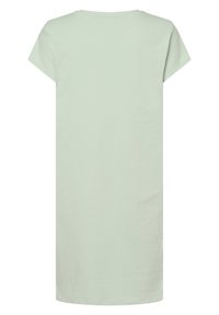 Svetle zelené šaty s krátkým rukávem a kulatým výstřihem, vyrobené z měkkého materiálu. Rovný střih, po kolena a minimalistický design bez vzorů.