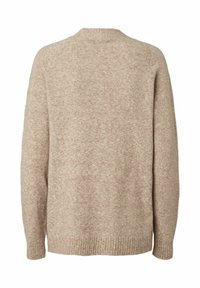 Maglione in lana beige con finitura testurizzata, collo rotondo, maniche lunghe e polsini e orlo a coste. La vista posteriore non mostra chiusure.
