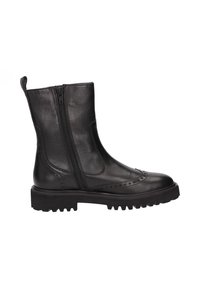 Schwarze Leder-Stiefelette mit derben Gummisohle, seitlichem Reißverschluss, dekorativen Broguedetails und Ziehhilfe an der Rückseite.