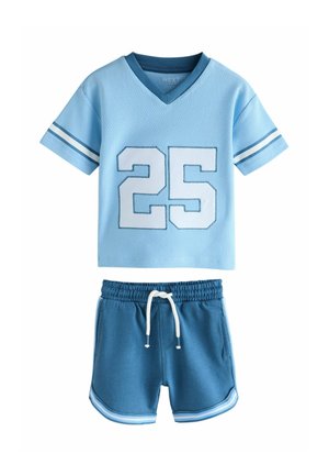 Light blue mesh short-sleeve jersey with white number "25" design, paired with darker blue shorts featuring white drawstring and side stripes.