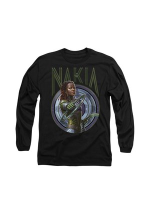 Black long-sleeve shirt featuring a graphic design of a character named Nakia, with dreads, holding a shield and wearing a textured green outfit.