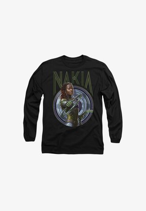 Black long-sleeve shirt featuring a graphic design of a character named Nakia, with dreads, holding a shield and wearing a textured green outfit.