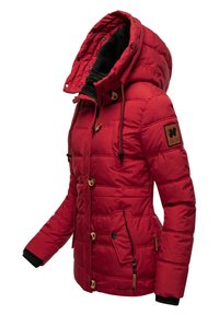 Red padded jacket with a hood, featuring wooden buttons, black fleece lining, and side zip pockets. Warm fabric with elastic cuffs.