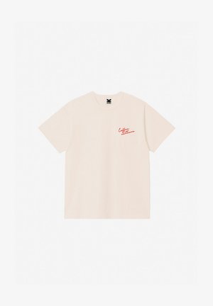 Beige short-sleeve T-shirt with red cursive "Coffee culture" text on the left chest and a round neckline.
