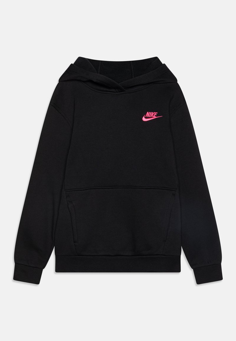 Μαύρη κουκούλα Nike με ροζ λογότυπο. Διαθέτει τσέπη καγκουρό, πλεκτές μανσέτες και μαλακή υφή υφάσματος. Κλασικός σχεδιασμός πουλόβερ.