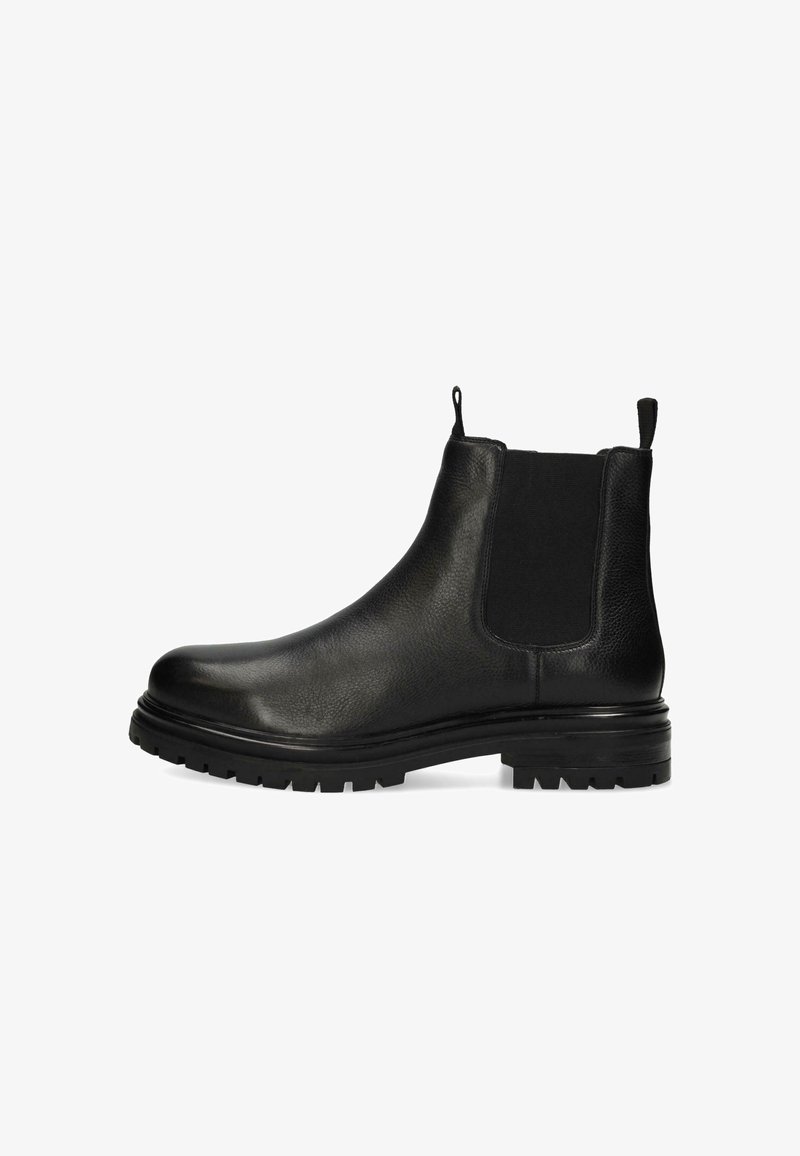 Černé kožené Chelsea boty s texturovaným povrchem, elastickými bočními panely, poutkem na patě a hrubou podrážkou. Klasický design s hladkým silueta.