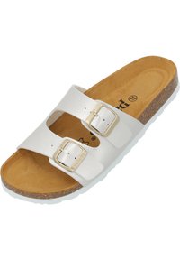 Weiße Kunstleder-Sandale mit zwei verstellbaren Schnallen, Korkfußbett, strukturiertem braunen Innenfutter und weißer Gummisohle.