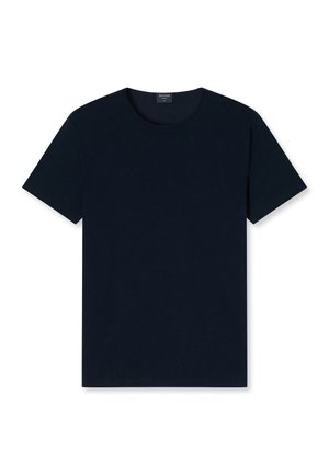 T-shirt noir uni à manches courtes et col rond, posé à plat sur un fond blanc, montrant le côté avant.