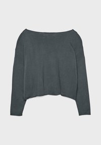 Grauer, kurzes Sweatshirt mit weitem Ausschnitt, langen Ärmeln, weichem Material und lockerer Passform. Einfaches Design ohne sichtbare Muster oder Akzente.