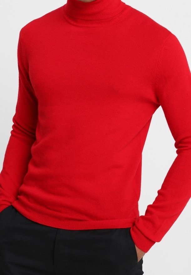 Roter Rollkragenpullover aus weichem Strickmaterial. Hat einen gerippten Halsausschnitt und Bündchen, mit einer taillierten Silhouette und ohne Muster.