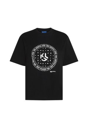 Black cotton t-shirt featuring a central white graphic design with circular text and a logo, short sleeves, and a crew neckline.