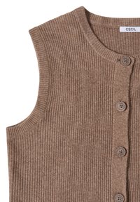 Cardigan marron sans manches en tricot côtelé avec un col rond et une fermeture boutonnée à l'avant, étiqueté "CECIL".