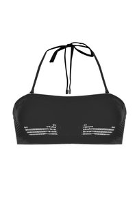 Top bikini a bandeau nero con spalline regolabili, caratterizzato da pannelli testurizzati e materiale morbido e elastico.