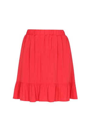 Piros, térdig érő szoknya könnyű anyagból, összegyűrt derékrésszel és bővülő szegéllyel, alul fodros díszítéssel.