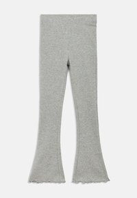 Szare legginsy z rozszerzanymi nogawkami o miękkiej fakturze, z ozdobnym falowanym wykończeniem u dołu, wykonane z elastycznego materiału. Prosty, dopasowany krój.