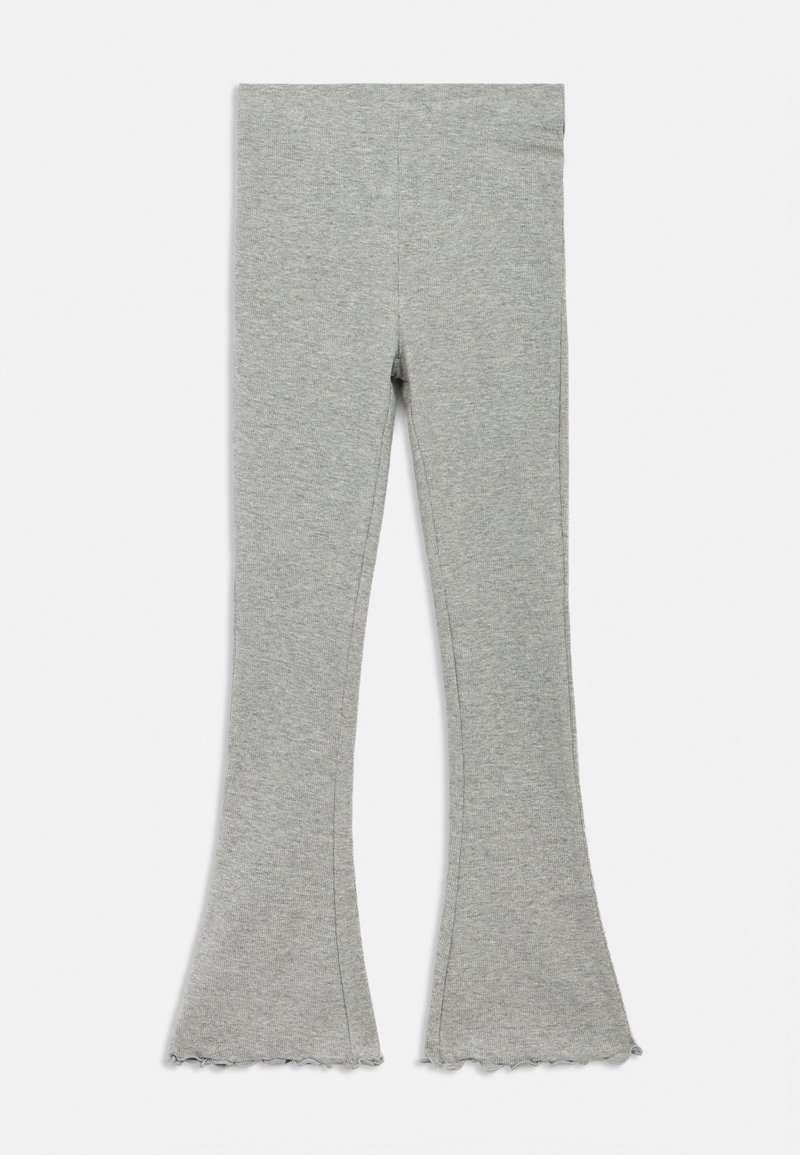 Szare legginsy z rozszerzanymi nogawkami o miękkiej fakturze, z ozdobnym falowanym wykończeniem u dołu, wykonane z elastycznego materiału. Prosty, dopasowany krój.