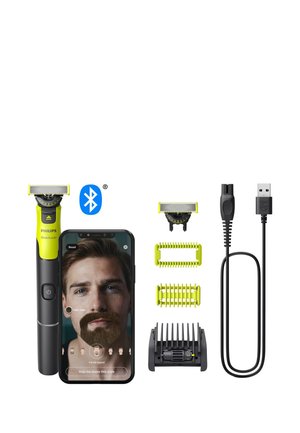 Philips OneBlade Trimmer mit gelben Akzenten, schwarzem Griff, Anzeige auf dem Smartphone, zwei verstellbaren Kämmen, USB-Kabel und Haarschneideaufsatz.