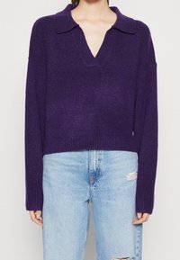 Lila stickad tröja med krage och V-ringning, med en avslappnad passform och ribbade ärmslut, ihop med ljusblå slitna jeans.