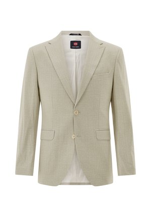 Hellbeiger Herrenblazer mit Reverskragen, zwei Knöpfen, vorderen Pattentaschen, Brusttasche und glattem Innenfutter.