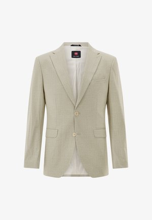 Hellbeiger Herrenblazer mit Reverskragen, zwei Knöpfen, vorderen Pattentaschen, Brusttasche und glattem Innenfutter.