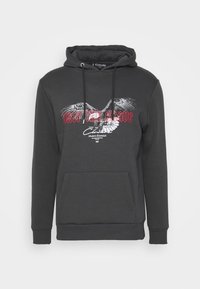 Sudadera con capucha en mezcla de algodón gris oscuro que presenta un gráfico de un águila y texto en rojo, bolsillo canguro en la parte frontal, puños y dobladillo de canalé.