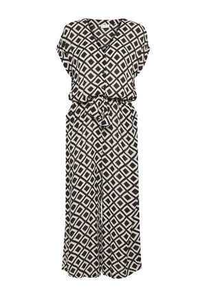 Schwarzer und cremefarbener Jumpsuit mit Muster, kurzen Ärmeln, V-Ausschnitt, gebundenem Taillengurt und weitem Bein-Design, das mit einem geometrischen Diamantmuster versehen ist.